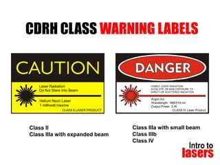 CDRH CLASS WARNING LABELS

Laser Radiation
Do Not Stare Into Beam
Helium Neon Laser
1 milliwatt max/cw
CLASS II LASER PRODUCT

Class II
Class IIIa with expanded beam

VISIBLE LASER RADIATIONAVOID EYE OR SKIN EXPOSURE TO
DIRECT OR SCATTERED RADIATION

Argon Ion
Wavelength: 488/514 nm
Output Power 5 W
CLASS IV Laser Product

Class IIIa with small beam
Class IIIb
Class IV

Intro to

lasers

 