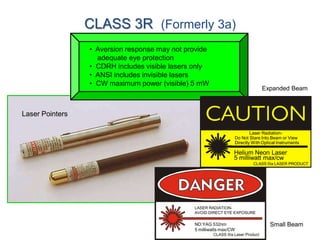 CLASS 3R (Formerly 3a)
• Aversion response may not provide
adequate eye protection
• CDRH includes visible lasers only
• ANSI includes invisible lasers
• CW maximum power (visible) 5 mW

Expanded Beam

Laser Pointers
Laser RadiationDo Not Stare Into Beam or View
Directly With Optical Instruments

Helium Neon Laser
5 milliwatt max/cw
CLASS IIIa LASER PRODUCT

LASER RADIATIONAVOID DIRECT EYE EXPOSURE

ND:YAG 532nm
5 milliwatts max/CW
CLASS IIIa Laser Product

Small Beam

 