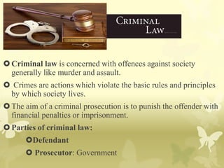 Criminal law is concerned with offences against society
generally like murder and assault.
 Crimes are actions which violate the basic rules and principles
by which society lives.
The aim of a criminal prosecution is to punish the offender with
financial penalties or imprisonment.
Parties of criminal law:
Defendant
 Prosecutor: Government
 