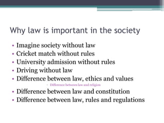 Why law is important in the society
• Imagine society without law
• Cricket match without rules
• University admission without rules
• Driving without law
• Difference between law, ethics and values
◦ Difference between law and religion
• Difference between law and constitution
• Difference between law, rules and regulations
 