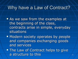 2525
Why have a Law of Contract?Why have a Law of Contract?
 As we saw from the examples atAs we saw from the examples at
the beginning of the class,the beginning of the class,
contracts arise in simple, everydaycontracts arise in simple, everyday
situationssituations
 Modern society operates by peopleModern society operates by people
and companies exchanging goodsand companies exchanging goods
and servicesand services
 The Law of Contract helps to giveThe Law of Contract helps to give
a structure to thisa structure to this
 