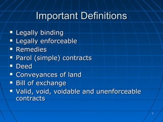 33
Important DefinitionsImportant Definitions
 Legally bindingLegally binding
 Legally enforceableLegally enforceable
 RemediesRemedies
 Parol (simple) contractsParol (simple) contracts
 DeedDeed
 Conveyances of landConveyances of land
 Bill of exchangeBill of exchange
 Valid, void, voidable and unenforceableValid, void, voidable and unenforceable
contractscontracts
 