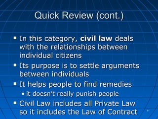 66
Quick Review (cont.)Quick Review (cont.)
 In this category,In this category, civil lawcivil law dealsdeals
with the relationships betweenwith the relationships between
individual citizensindividual citizens
 Its purpose is to settle argumentsIts purpose is to settle arguments
between individualsbetween individuals
 It helps people to find remediesIt helps people to find remedies
• it doesn’t really punish peopleit doesn’t really punish people
 Civil Law includes all Private LawCivil Law includes all Private Law
so it includes the Law of Contractso it includes the Law of Contract
 