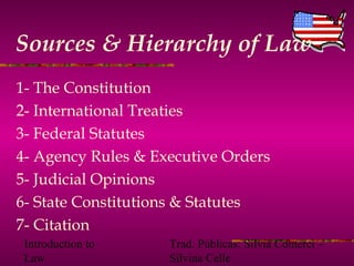 Introduction to
Law
Trad. Públicas: Silvia Comerci –
Silvina Celle
Sources & Hierarchy of Law
1- The Constitution
2- International Treaties
3- Federal Statutes
4- Agency Rules & Executive Orders
5- Judicial Opinions
6- State Constitutions & Statutes
7- Citation
 