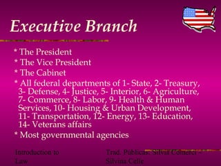Introduction to
Law
Trad. Públicas: Silvia Comerci –
Silvina Celle
Executive Branch
* The President
* The Vice President
* The Cabinet
* All federal departments of 1- State, 2- Treasury,
3- Defense, 4- Justice, 5- Interior, 6- Agriculture,
7- Commerce, 8- Labor, 9- Health & Human
Services, 10- Housing & Urban Development,
11- Transportation, 12- Energy, 13- Education,
14- Veterans affairs
* Most governmental agencies
 