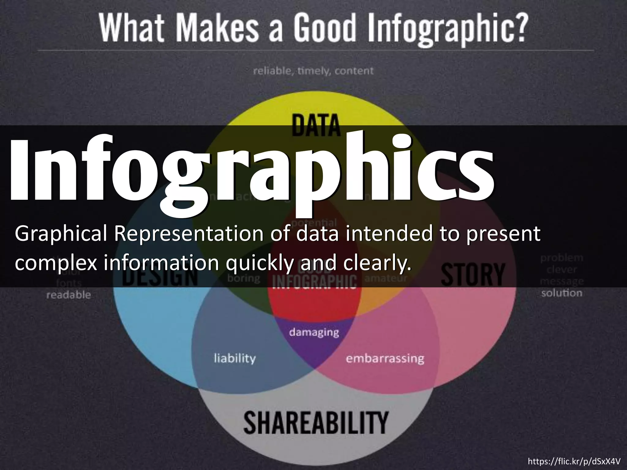 Graphical Representation of data intended to present
complex information quickly and clearly.
Infographics
https://flic.kr/p/dSxX4V
 
