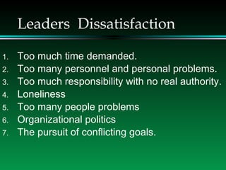 Leaders  Dissatisfaction Too much time demanded. Too many personnel and personal problems. Too much responsibility with no real authority. Loneliness Too many people problems Organizational politics The pursuit of conflicting goals. 