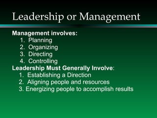 Leadership or Management <ul><li>Management involves: </li></ul><ul><ul><li>1.  Planning </li></ul></ul><ul><ul><li>2.  Or...