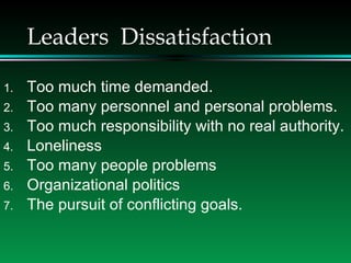 Leaders  Dissatisfaction <ul><li>Too much time demanded. </li></ul><ul><li>Too many personnel and personal problems. </li>...