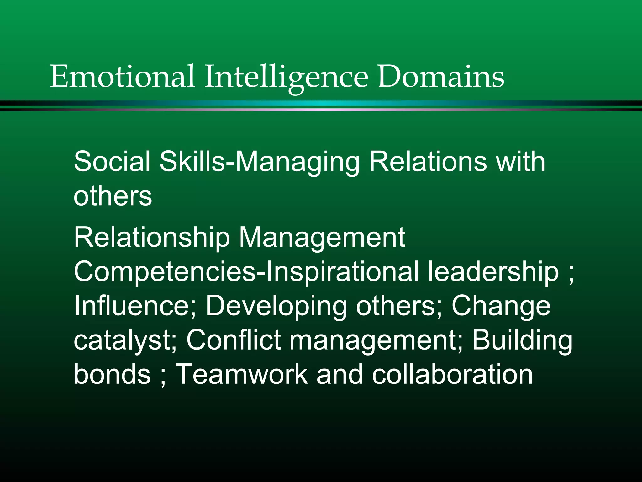 Emotional Intelligence Domains
Social Skills-Managing Relations with
others
Relationship Management
Competencies-Inspirational leadership ;
Influence; Developing others; Change
catalyst; Conflict management; Building
bonds ; Teamwork and collaboration
 