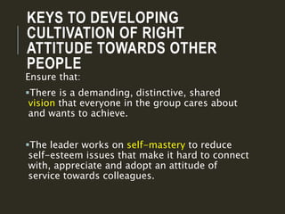 KEYS TO DEVELOPING
CULTIVATION OF RIGHT
ATTITUDE TOWARDS OTHER
PEOPLE
Ensure that:
There is a demanding, distinctive, sha...