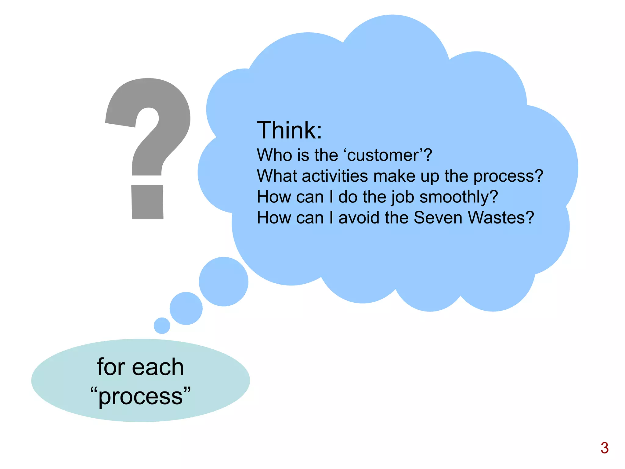 Think:
            Who is the „customer‟?
            What activities make up the process?
            How can I do the job smoothly?
            How can I avoid the Seven Wastes?




 for each
“process”

                                                   3
 