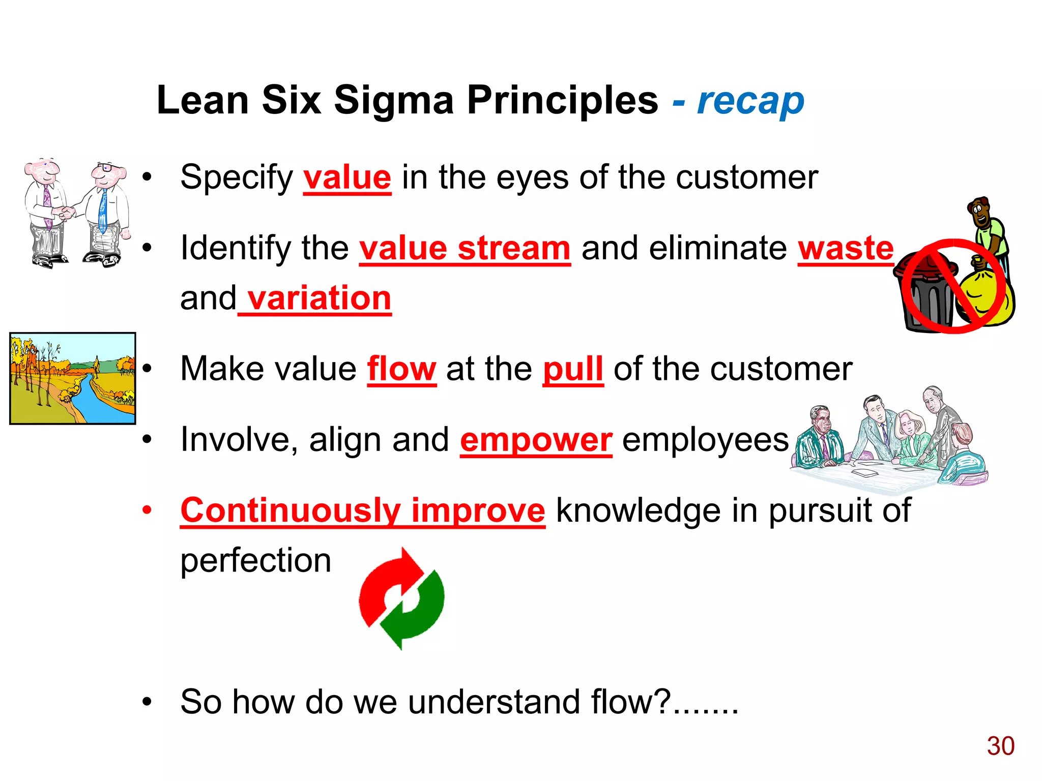 Lean Six Sigma Principles - recap
• Specify value in the eyes of the customer

• Identify the value stream and eliminate waste
  and variation

• Make value flow at the pull of the customer

• Involve, align and empower employees

• Continuously improve knowledge in pursuit of
  perfection



• So how do we understand flow?.......
                                                  30
 