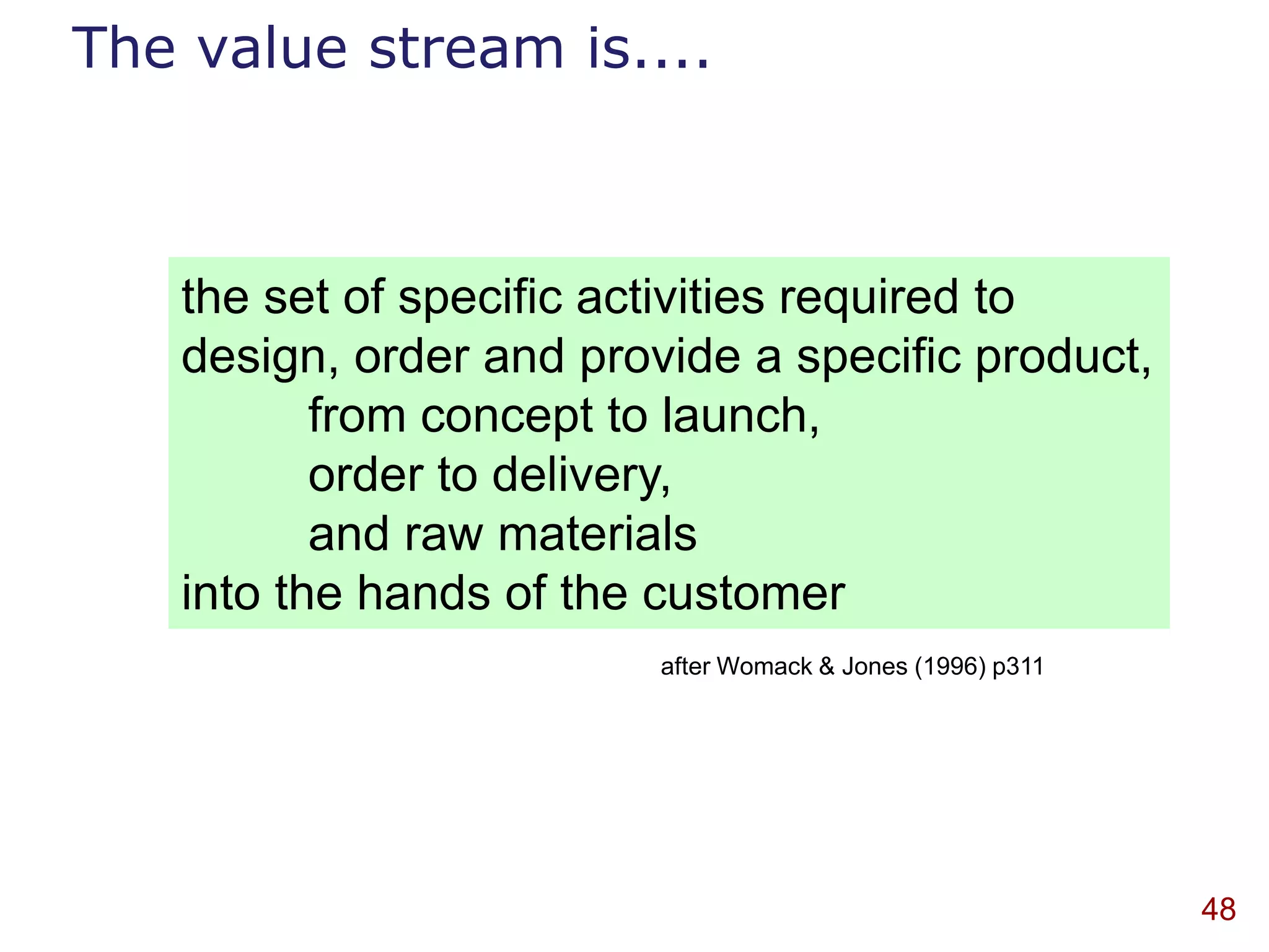 The value stream is....



   the set of specific activities required to
   design, order and provide a specific product,
          from concept to launch,
          order to delivery,
          and raw materials
   into the hands of the customer
                         after Womack & Jones (1996) p311




                                                            48
 