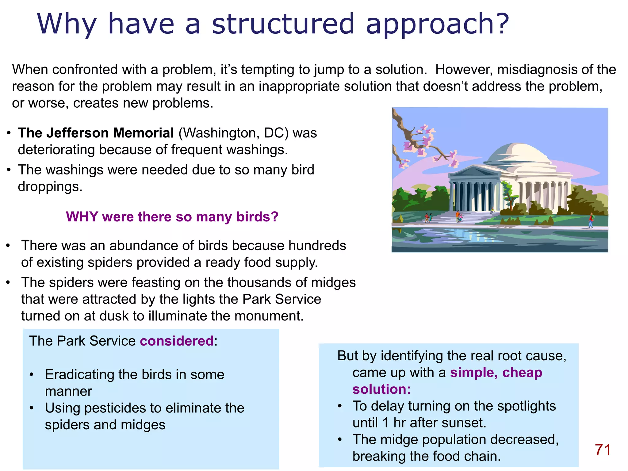 Why have a structured approach?
 When confronted with a problem, it‟s tempting to jump to a solution. However, misdiagnosis of the
 reason for the problem may result in an inappropriate solution that doesn‟t address the problem,
 or worse, creates new problems.

• The Jefferson Memorial (Washington, DC) was
  deteriorating because of frequent washings.
• The washings were needed due to so many bird
  droppings.

         WHY were there so many birds?

• There was an abundance of birds because hundreds
  of existing spiders provided a ready food supply.
• The spiders were feasting on the thousands of midges
  that were attracted by the lights the Park Service
  turned on at dusk to illuminate the monument.
   The Park Service considered:
                                                     But by identifying the real root cause,
   • Eradicating the birds in some                     came up with a simple, cheap
     manner                                            solution:
   • Using pesticides to eliminate the               • To delay turning on the spotlights
     spiders and midges                                until 1 hr after sunset.
                                                     • The midge population decreased,
                                                       breaking the food chain.                71
 