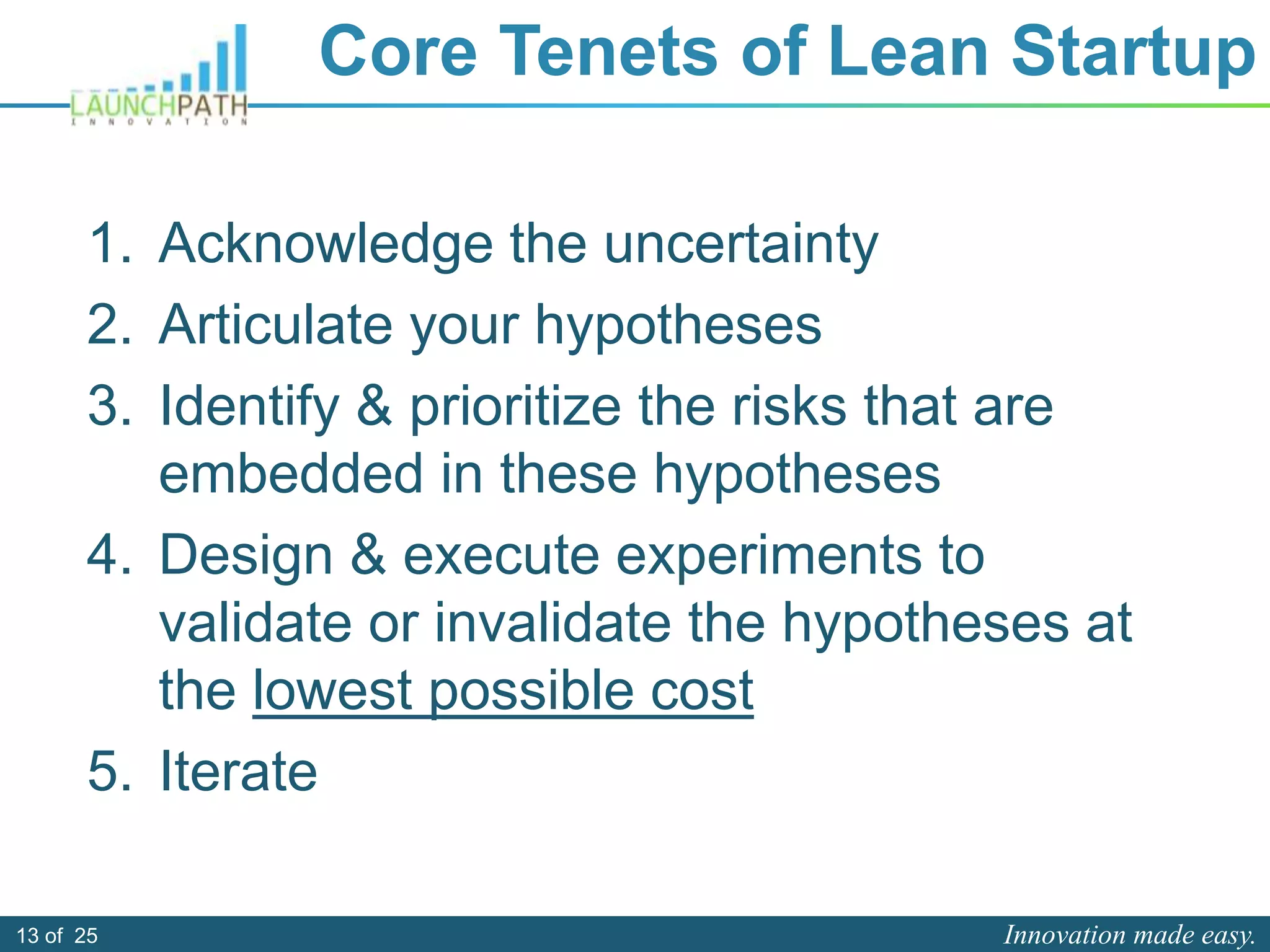 Innovation made easy.13 of 25
Core Tenets of Lean Startup
1. Acknowledge the uncertainty
2. Articulate your hypotheses
3. Identify & prioritize the risks that are
embedded in these hypotheses
4. Design & execute experiments to
validate or invalidate the hypotheses at
the lowest possible cost
5. Iterate
 