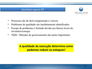 Qualidade suporta JIT

• Processos são de fácil compreensão e visíveis
• Problemas de qualidade são imediatamente identificados
• Escopo de problemas é limitado devido aos baixos níveis do
inventário/estoque
• TQM - Métodos de gerenciamento são muito importantes

A qualidade da execução determina como
podemos reduzir os estoques!

16/12/13

107

 