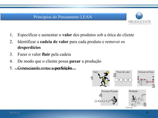 Princípios do Pensamento LEAN

1.

Especificar e aumentar o valor dos produtos sob a ótica do cliente

2.

Identificar a cadeia de valor para cada produto e remover os
desperdícios

3.

Fazer o valor fluir pela cadeia

4.

De modo que o cliente possa puxar a produção

5.

Gerenciando rumo a perfeição

Fonte: A Mentalidade Enxuta – James Womack & Daniel Jones

16/12/13

11

 
