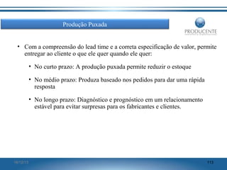 Produção Puxada
• Com a compreensão do lead time e a correta especificação de valor, permite
entregar ao cliente o que ele quer quando ele quer:
• No curto prazo: A produção puxada permite reduzir o estoque
• No médio prazo: Produza baseado nos pedidos para dar uma rápida
resposta
• No longo prazo: Diagnóstico e prognóstico em um relacionamento
estável para evitar surpresas para os fabricantes e clientes.

16/12/13

113

 