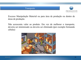Transporte

Excesso Manipulação Material ou para área de produção ou dentro de
áreas de produção.
Não acrescenta valor ao produto. Em vez de melhorar o transporte,
deveria ser minimizado ou deveria ser eliminado (por exemplo formando
células)

16/12/13

33

 