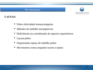 Movimentação
CAUSAS:
 Pobre efetividade homem/máquina
 Métodos de trabalho incompatíveis
 Deficiências na consideração de aspectos ergonômicos
 Layout pobre
 Organização espaço de trabalho pobre
 Movimentos extras enquanto ocorre a espera

16/12/13

36

 