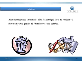 Defeitos

Requerem recursos adicionais e para sua correção antes de entregar ou
substituir partes que são rejeitadas devido aos defeitos.

16/12/13

37

 
