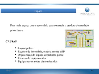 Espaço

Usar mais espaço que o necessário para construir o produto demandado
pelo cliente.

CAUSAS:






16/12/13

Layout pobre
Excesso de inventário, especialmente WIP
Organização do espaço de trabalho pobre
Excesso de equipamentos
Equipamentos sobre dimensionados
42

 