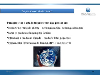 Projetando o Estado Futuro

Para projetar o estado futuro temos que pensar em:
•Produzir no ritmo do cliente – nem mais rápido, nem mais devagar;
•Fazer os produtos fluírem pela fábrica;
•Introduzir a Produção Puxada – produzir lotes pequenos;
•Implementar ferramentas do lean SEMPRE que possível.

16/12/13

56

 