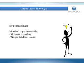 Sistema Toyota de Produção

Elementos chaves:
Produzir o que é necessário;
Quando é necessário;
Na quantidade necessária;

 