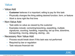 16
© Copyright 2010 EMC Corporation. All rights reserved.
• Value Add
– Customer believes it is important; willing to pay for this task
– Physically changes the thing adding desired function, form, or feature
– Work is done right the first time
• Non-Value Add
– Task adds no value as viewed by the customer
– Examples include: correcting/reworking, expediting, multiple
signatures, counting, handling, inspecting, set up time, downtime,
transporting, moving, delaying, storing…etc.
• Necessary Non Value Add
– Process would break down if this task was not performed
– Required by law or regulation
– Task reduces financial risk
Value
 