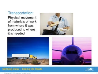 18
© Copyright 2010 EMC Corporation. All rights reserved.
Transportation:
Physical movement
of materials or work
from where it was
produced to where
it is needed
Defining Value – Seeing the Waste
 