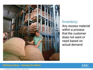 19
© Copyright 2010 EMC Corporation. All rights reserved.
Inventory:
Any excess material
within a process
that the customer
does not want or
need based on
actual demand
Defining Value – Seeing the Waste
 