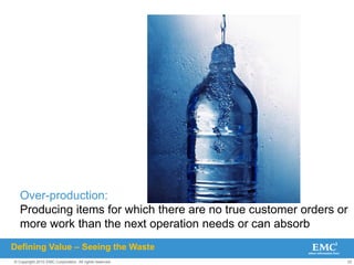 22
© Copyright 2010 EMC Corporation. All rights reserved.
Over-production:
Producing items for which there are no true customer orders or
more work than the next operation needs or can absorb
Defining Value – Seeing the Waste
 