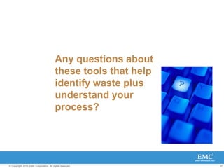 37
© Copyright 2010 EMC Corporation. All rights reserved.
Any questions about
these tools that help
identify waste plus
understand your
process?
 