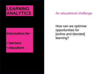 LEARNING
ANALYTICS
How can we optimise
opportunities for
[online and blended]
learning?
Information for
• learners
• educators
An educational challenge
 