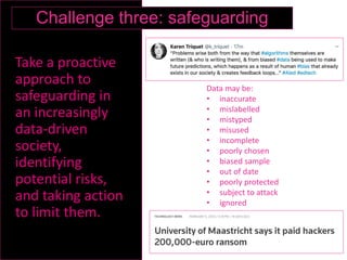 Take a proactive
approach to
safeguarding in
an increasingly
data-driven
society,
identifying
potential risks,
and taking action
to limit them.
Challenge three: safeguarding
Data may be:
• inaccurate
• mislabelled
• mistyped
• misused
• incomplete
• poorly chosen
• biased sample
• out of date
• poorly protected
• subject to attack
• ignored
 