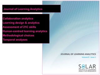 Journal of Learning Analytics
Collaboration analytics
Learning design & analytics
Assessment of 21C skills
Human-centred learning analytics
Methodological choices
Temporal analyses
 