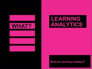 WHAT?
What are learning analytics?
LEARNING
ANALYTICS
 