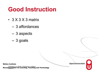Good Instruction
• 3 X 3 X 3 matrix
– 3 affordances
– 3 aspects
– 3 goals
Welten Institute
Onderwerp via >Beeld >Koptekst en voettekst
Pagina 2
Research Center for Learning, Teaching and Technology