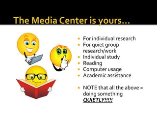 







For individual research
For quiet group
research/work
Individual study
Reading
Computer usage
Academic assistance
NOTE that all the above =
doing something
QUIETLY!!!!!

 