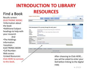 INTRODUCTION TO LIBRARY
Find a Book   RESOURCES
Results screen:
(ELECTRONIC BOOK)
•Information about
the book
•Additional Subject
headings to help with
your research
          And
•The Holdings
information:
•Location:
ELECTRONIC BOOK
•Call Number:
Web access
•Linked Resources:      After choosing to Click HERE…
Click HERE to connect   you will be asked to enter your
to this book.           4x4 before linking to the digital
                        copy.
                                             Jp 2/11/12
 