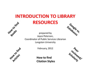 INTRODUCTION TO LIBRARY
      RESOURCES
                prepared by
              Joyce Peterson,
   Coordinator of Public Services Librarian
            Langston University

               February, 2012


              How to find
              Citation Styles
 