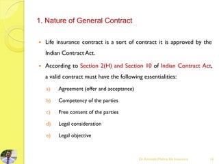 1. Nature of General Contract
 Life insurance contract is a sort of contract it is approved by the
Indian Contract Act.
 According to Section 2(H) and Section 10 of Indian Contract Act,
a valid contract must have the following essentialities:
a) Agreement (offer and acceptance)
b) Competency of the parties
c) Free consent of the parties
d) Legal consideration
e) Legal objective
Dr.Amitabh Mishra, life Insurance 16
 