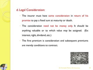 d. Legal Consideration:
◦ The insurer must have some consideration in return of his
promise to pay a fixed sum at maturity or death.
◦ The consideration need not be money only. It should be
anything valuable or to which value may be assigned. (Ex:
interest, right, dividend, etc.)
◦ The first premium is consideration and subsequent premiums
are merely conditions to contract.
Dr.Amitabh Mishra, life Insurance 20
 