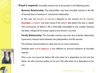 Proof is required : Insurable interest has to be proved in the following cases:
◦ Business Relationship: The policyholder may have insurable interest in the life
of assured due to business or contractual relationship.
◦ In this case, the amount of insurance depends on the amount of risk involved.
Example: a creditor may lose money if the debtor dies before the loan is repaid.
The continuance of debtor‟s life is financially meaningful to the creditor because
the latter will get all his money repaid at the former‟s survival.
◦ Family Relationship: The insurable interest may arise due to family relationship
if pecuniary interest exists between the policyholders and life assured.
◦ The interest must be based on value and not on mere sentiments.
◦ Similarly, mere moral obligation is not sufficient to warrant existence of insurable
interest.
◦ Thus a son can insure his fathers life only when he is dependent on him and the
father can take insurance policy on his son‟s life only when he is dependent on his
son.
Dr.Amitabh Mishra, life Insurance 26
 