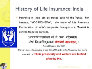 History of Life Insurance: India
 Insurance in India can be traced back to the Vedas. For
instance, “YOGAKSHEMA”, the name of Life Insurance
Corporation of India's corporate headquarters, Mumbai is
derived from the RigVeda.
अनन्याश्चिन्तयन्तो माां ये जनााः पययुपासते।
तेषाां ननत्याभिययक्तानाां योगक्षेमं वहाम्यहम्।।
(Srimad Bhagavad Gita 9.22)
There are those who, excluding all else, think of Me and worship Me, aspiring after eternal
union with Me. Their prosperity and welfare are looked
after by Me.
Dr.Amitabh Mishra, life Insurance 8
 
