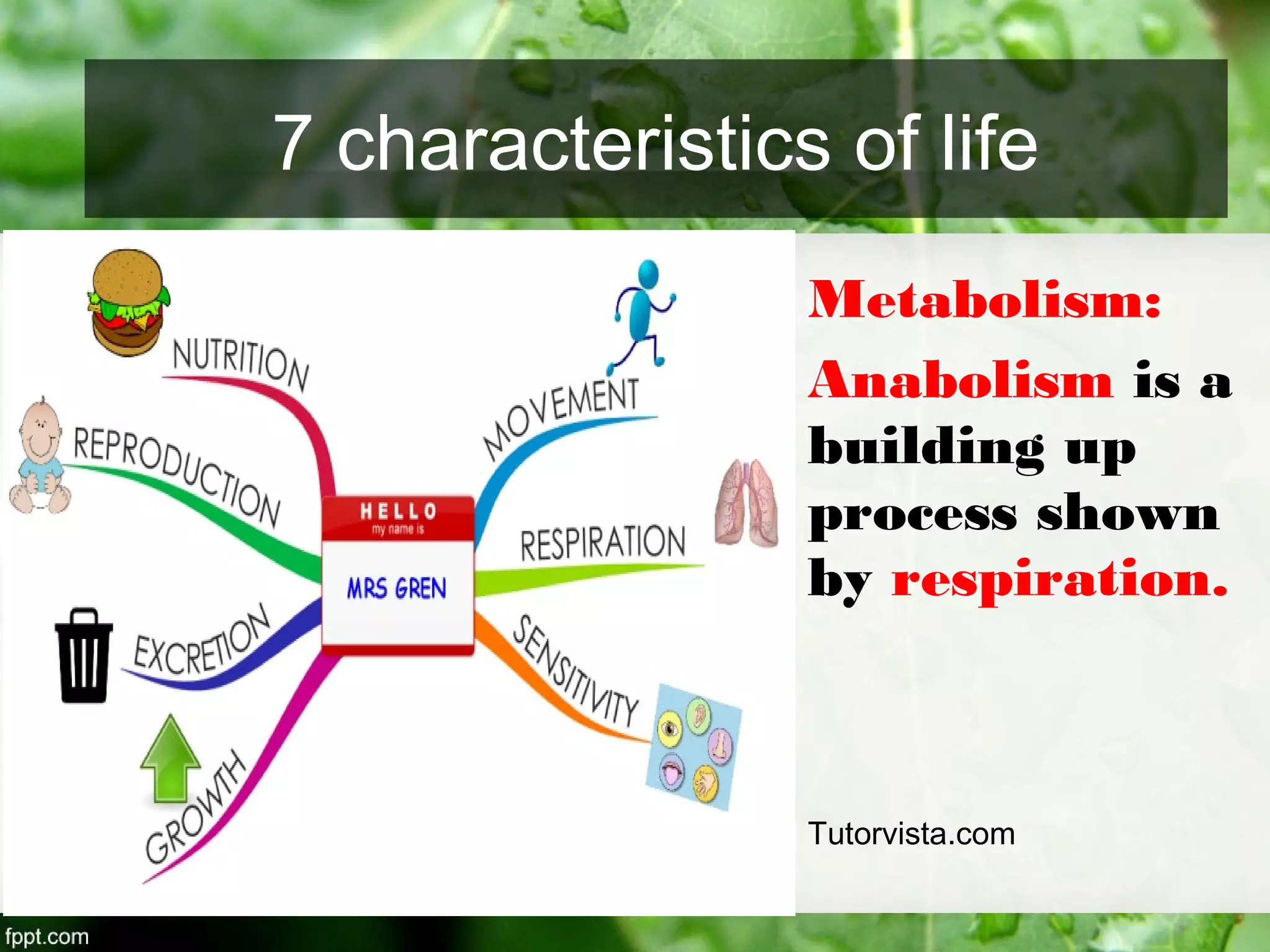 Metabolism:
Anabolism is a
building up
process shown
by respiration.
Tutorvista.com
7 characteristics of life
 