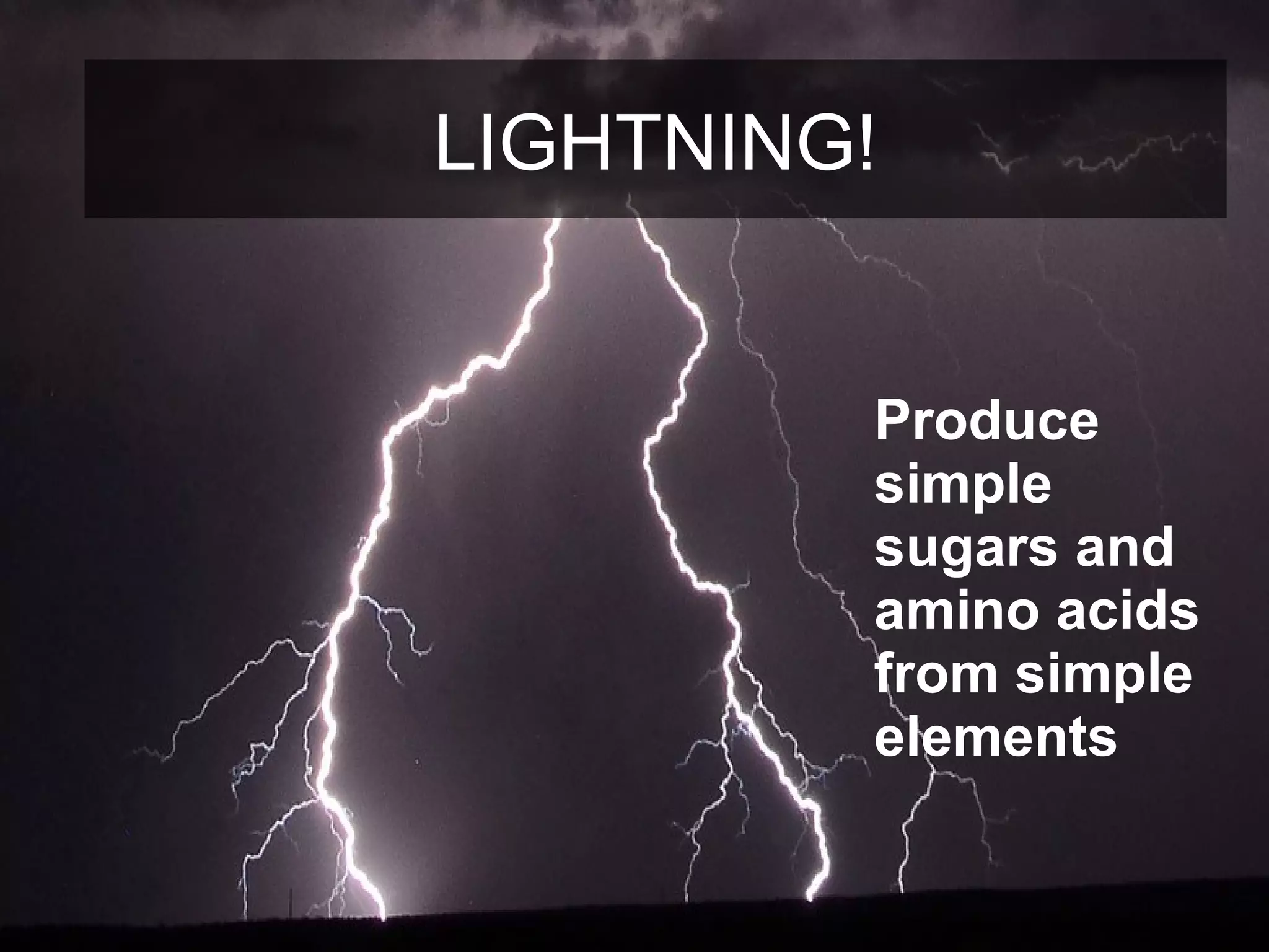 Produce
simple
sugars and
amino acids
from simple
elements
LIGHTNING!
 