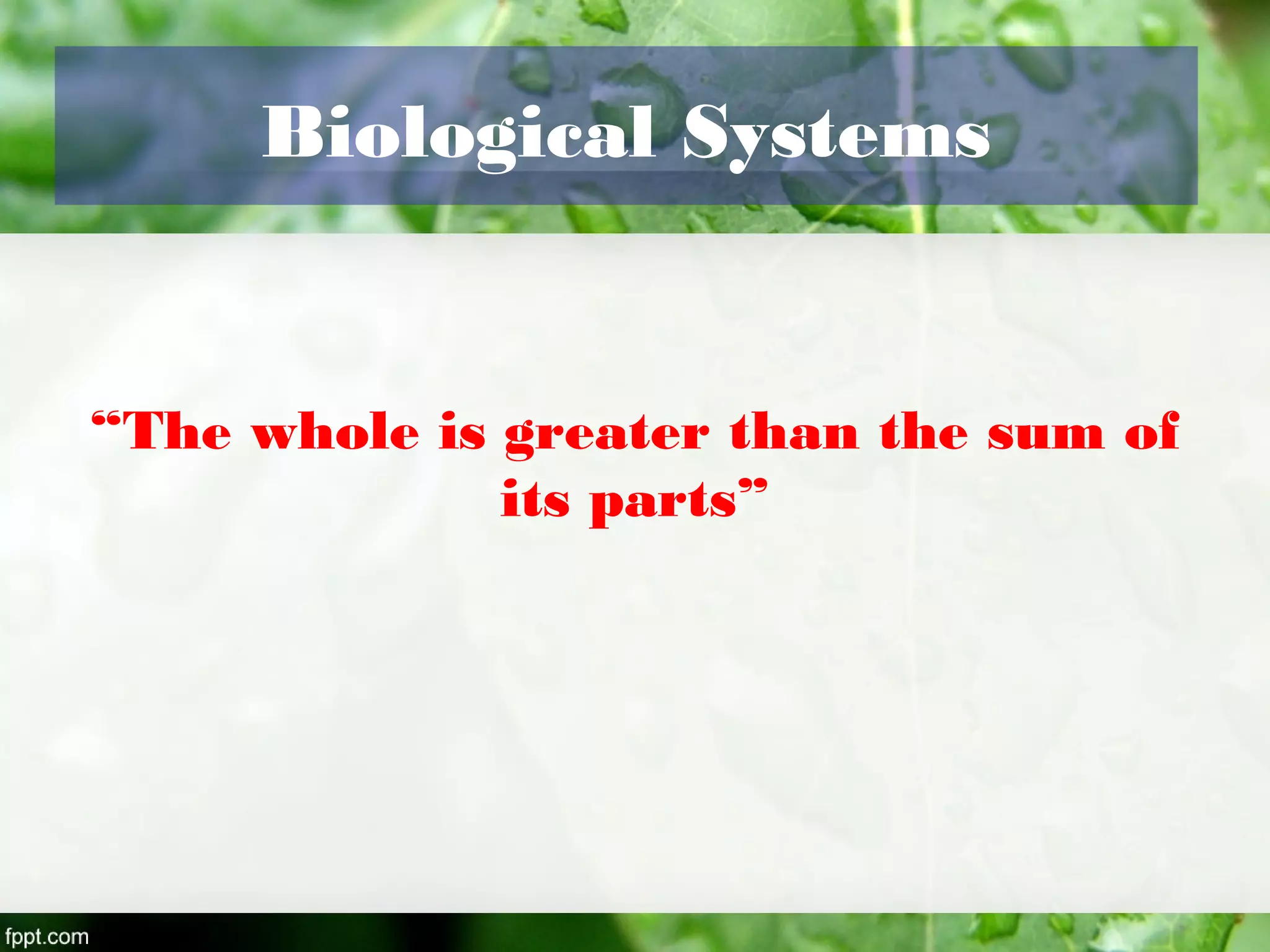 Biological Systems
“The whole is greater than the sum of
its parts”
 