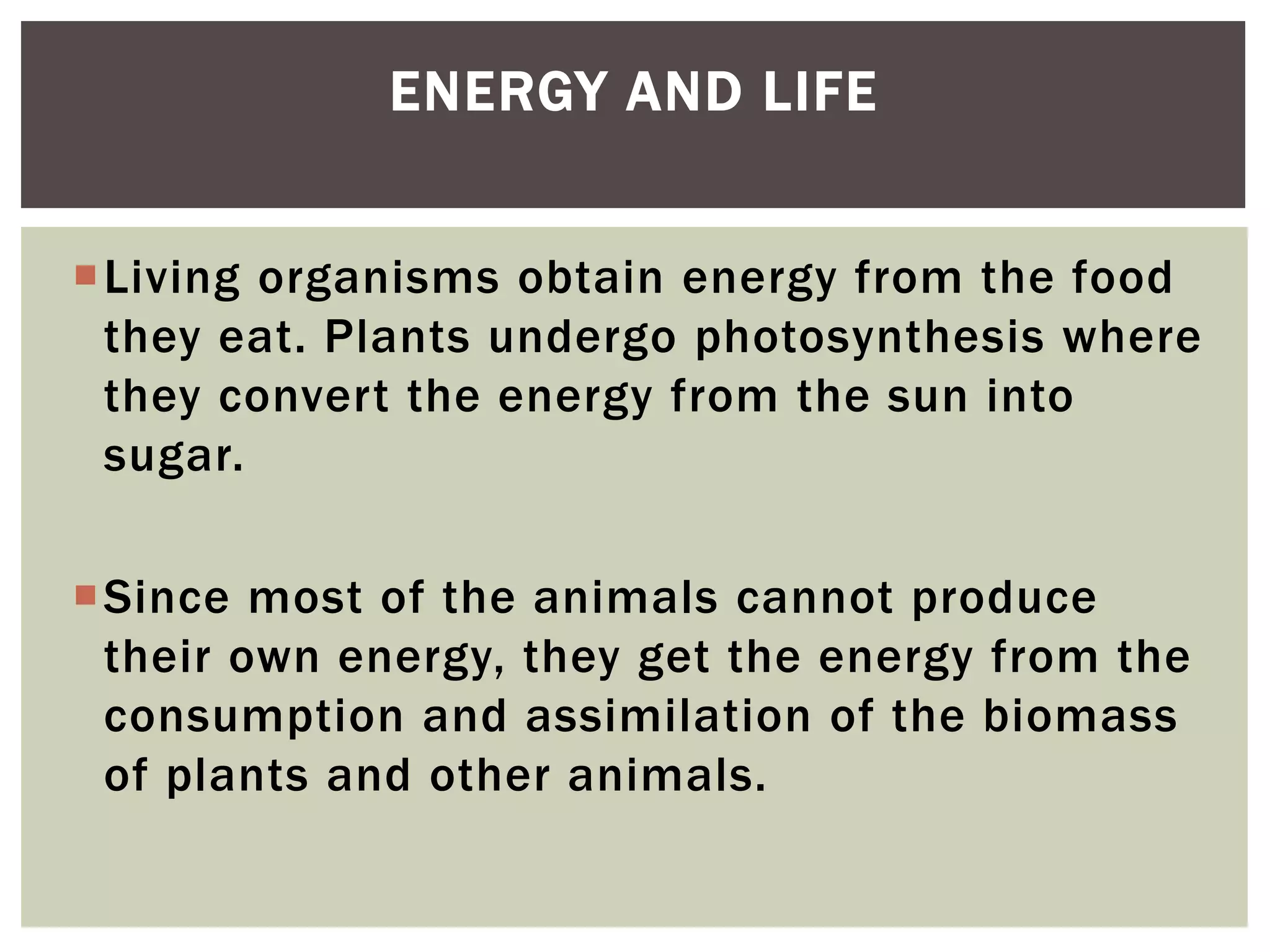 Living organisms obtain energy from the food
they eat. Plants undergo photosynthesis where
they convert the energy from the sun into
sugar.
Since most of the animals cannot produce
their own energy, they get the energy from the
consumption and assimilation of the biomass
of plants and other animals.
ENERGY AND LIFE
 